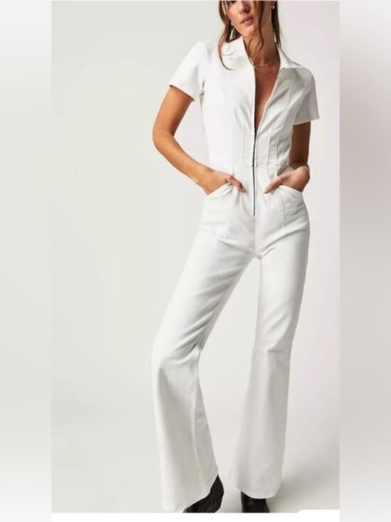 Free People Pants - Free People Jayde Flare Jumpsuit We The Free Zip Up Stretch Denim White
